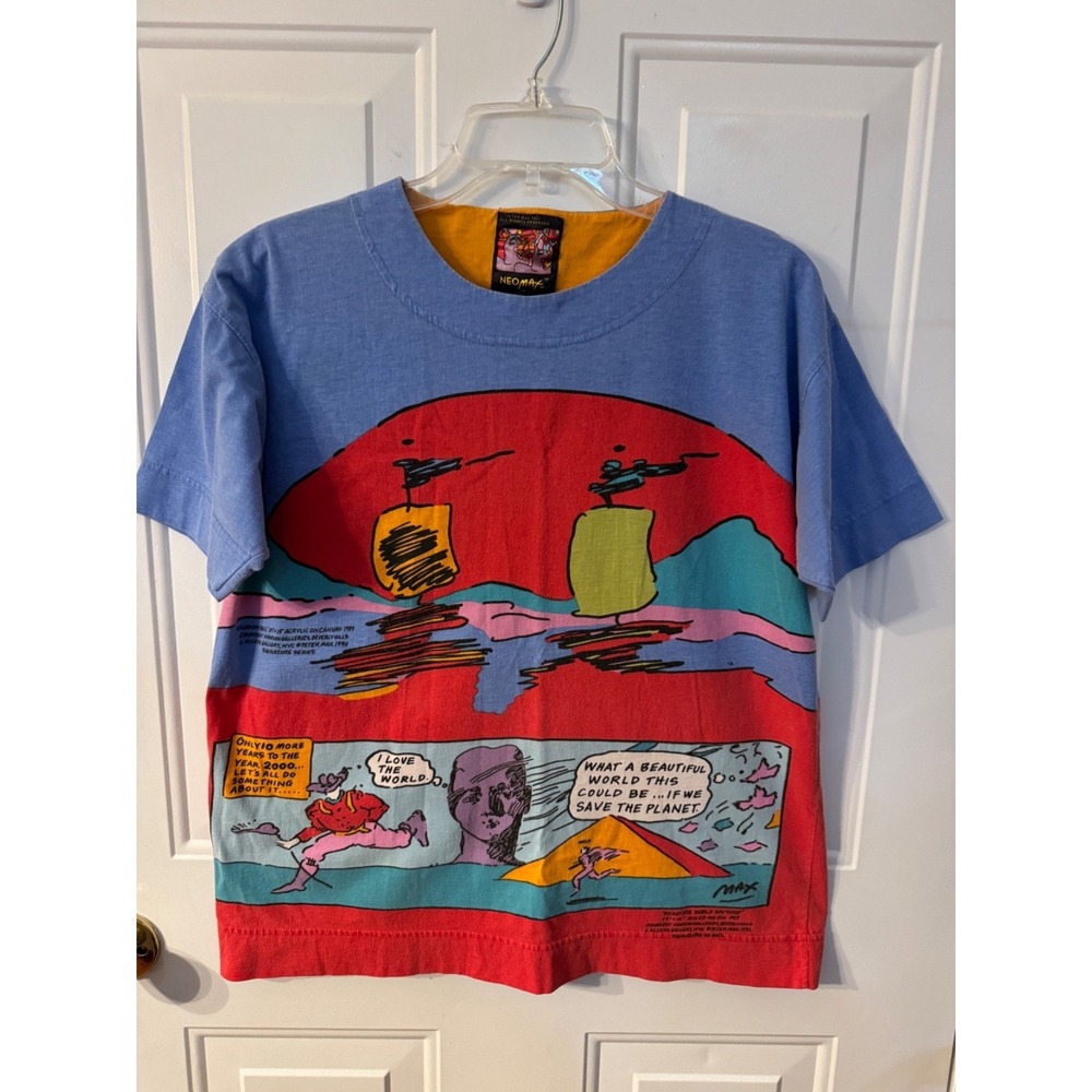 Peter Max NEOMAX rare graphic t shirt I Love the World artstrip 1989 VINTAGE Y2K - Picture 8 of 9